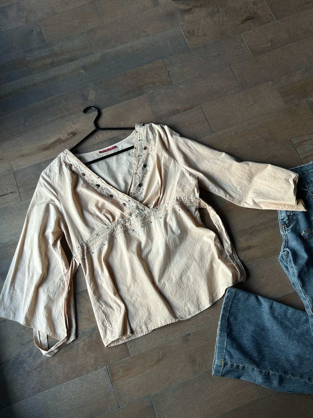 Beige V-Neck Embroidered Women's Top - (Brand Unspecified)